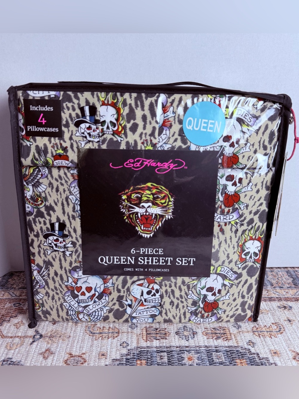 Ed Hardy Leopard Skull & Tiger Queen Sheet Set in Beige, Black, Red
